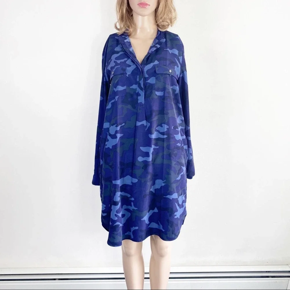 GAP Blue Camo Shirt Shift Dress pockets front S - Picture 3 of 11